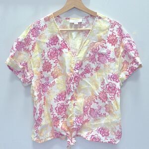 Charter Club White Pink Yellow Linen Luxury Short Sleeve Tie Front Top Size L